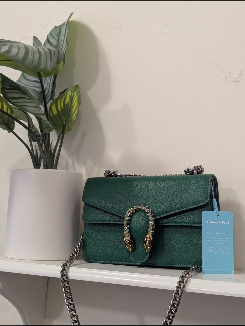 Tiffany & Fred Paris Crested Dragon Emerald Green Leather Bag Silver Chain NWT - Picture 16 of 16